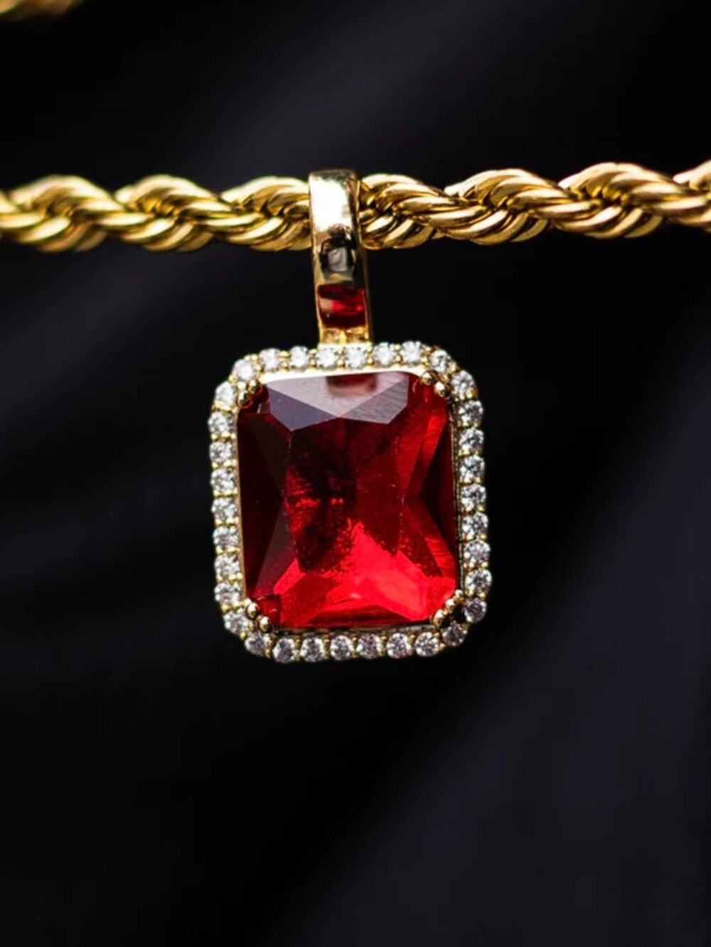 Micro Ruby Stone Pendant Men's Jewelry Yellow Gold 18k Plated